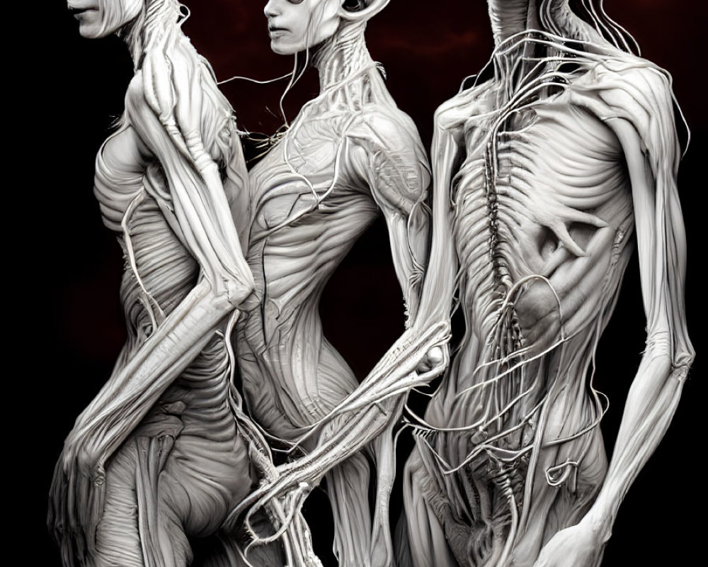 Detailed humanoid figures with elongated heads and large eyes on dark background