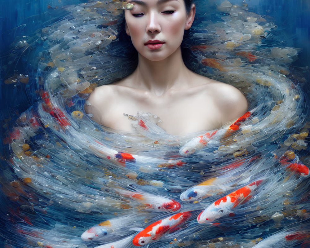 Woman Submerged in Water Surrounded by Colorful Koi Fish
