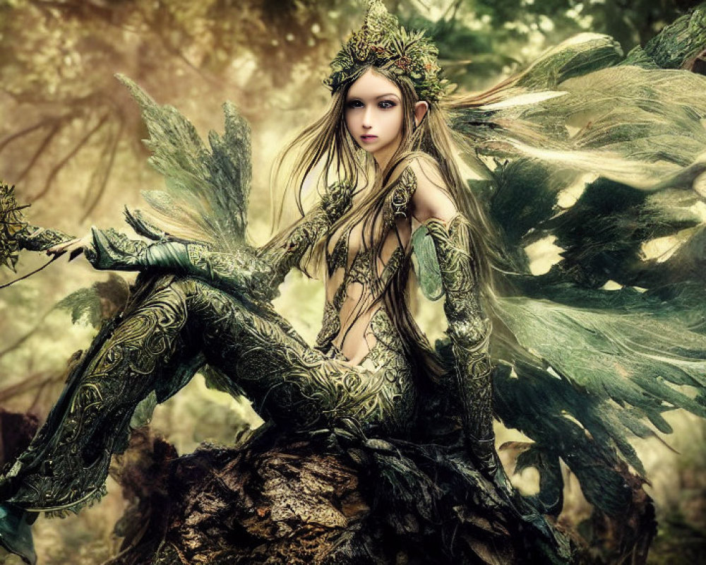 Female figure in metallic armor with wings, sitting on tree in lush forest with staff