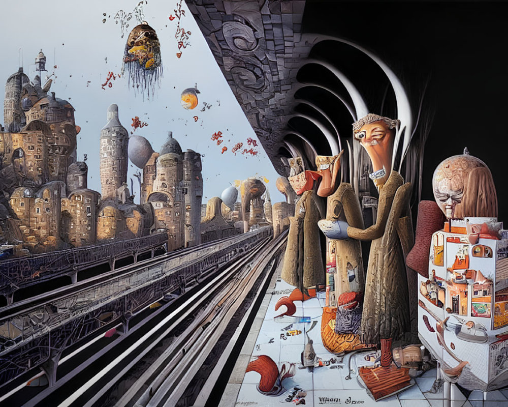 Surreal Train Station Art: Grotesque Figures & Chaotic Atmosphere