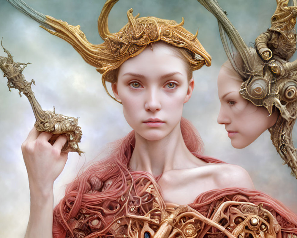 Fantastical image of a woman in golden antler-like headgear and armor with staff and mirror