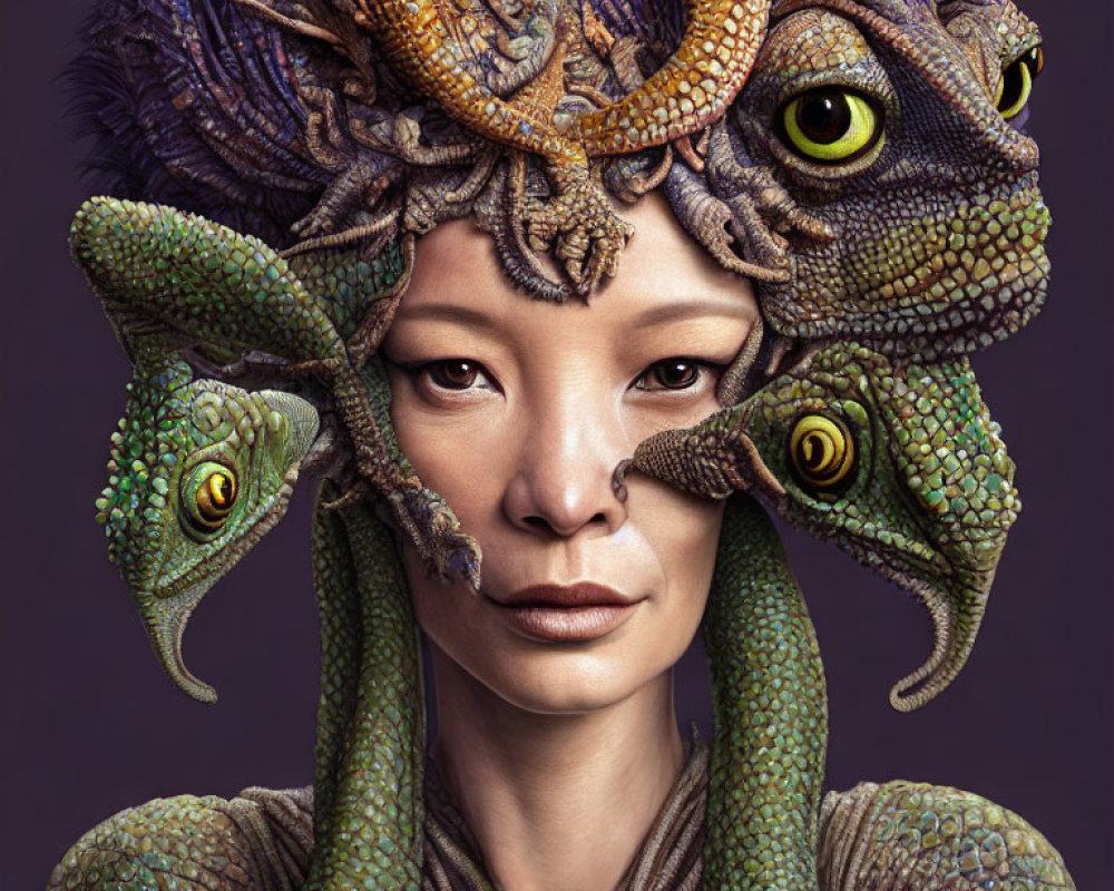 Composite headpiece blending woman's features with chameleons and horns.