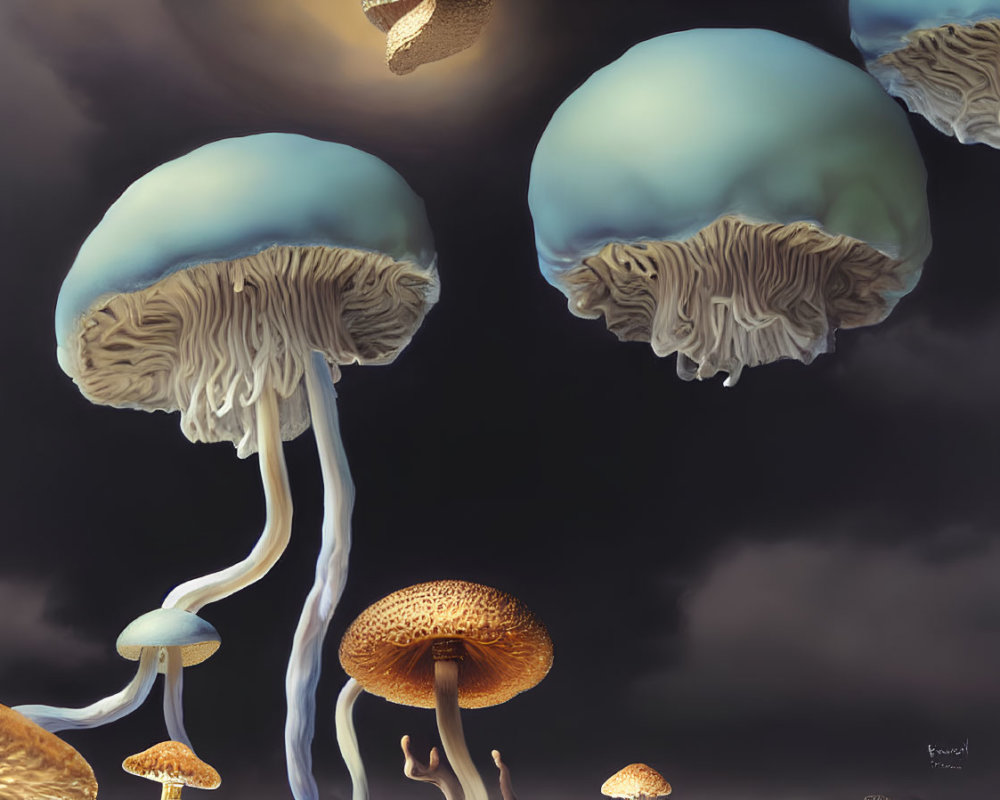 Surreal artwork: Jellyfish-like mushrooms in dark sky with traditional mushroom.