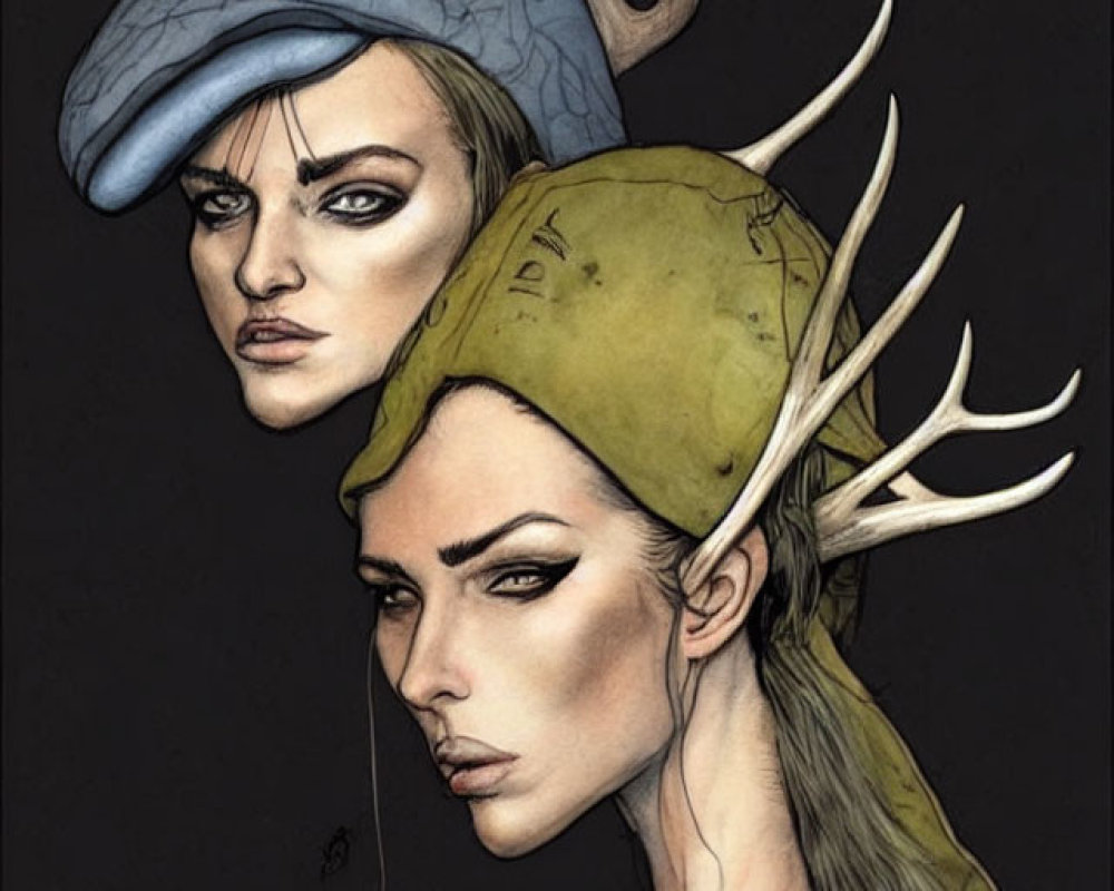 Surreal artwork featuring two stylized female faces with unique hats