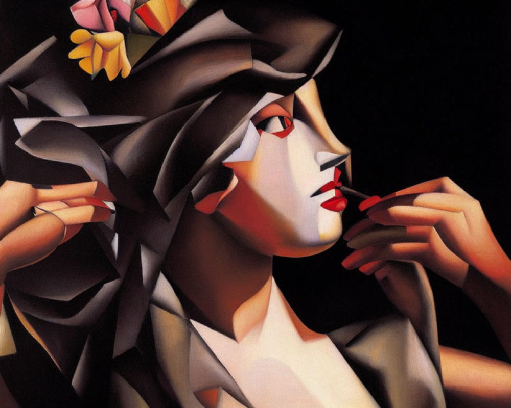 Geometric woman portrait with hat and red lipstick on dark background
