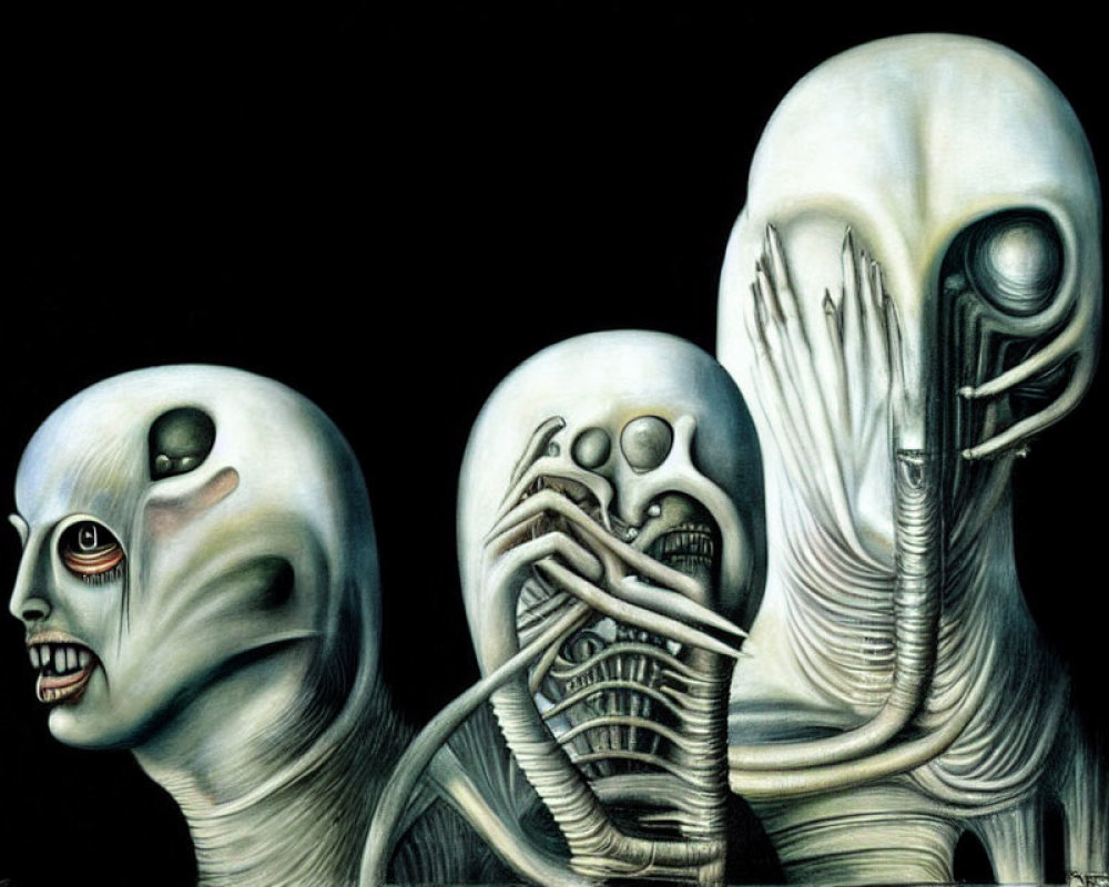 Dark surreal artwork: Three grotesque figures with elongated, distorted features.