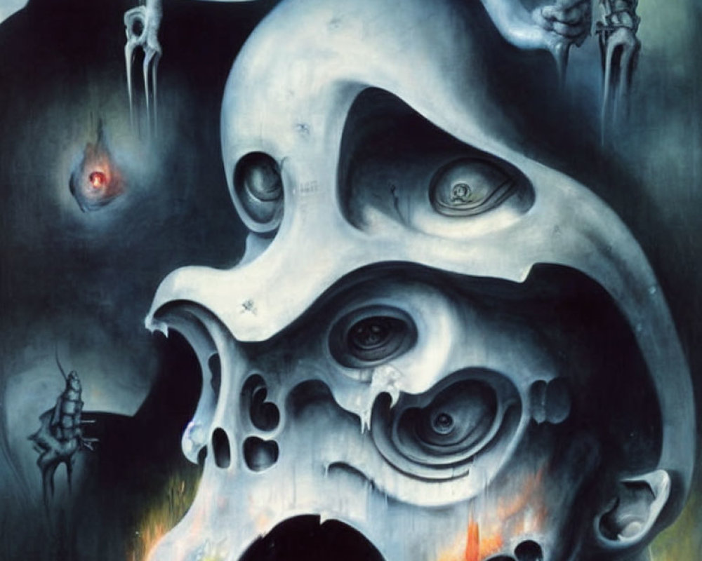 Surrealist painting of skull with haunting figures in gloomy atmosphere