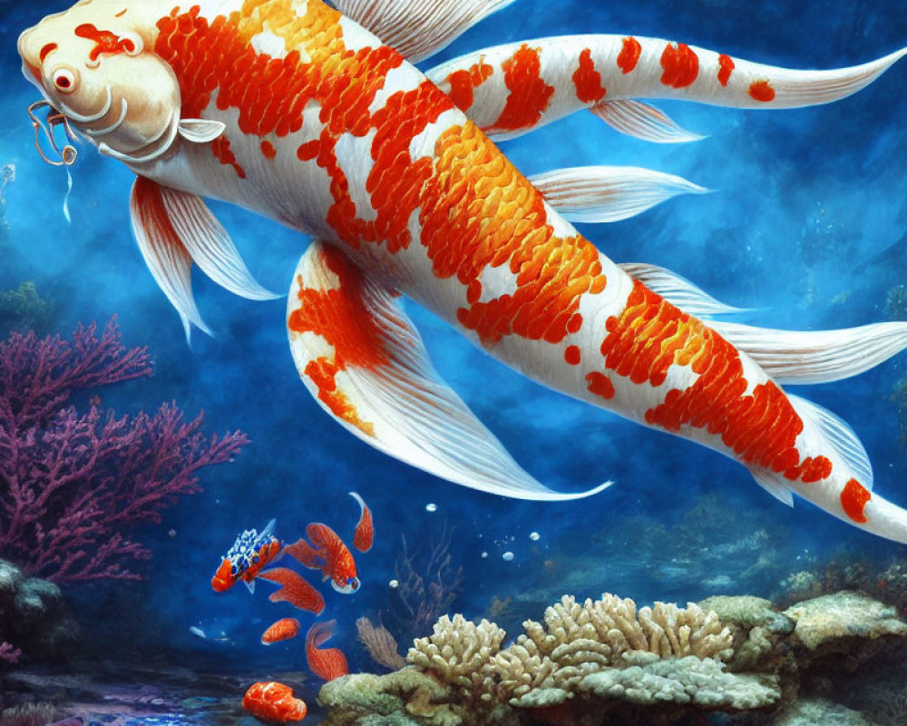 Colorful Orange and White Koi Fish in Underwater Coral Scene