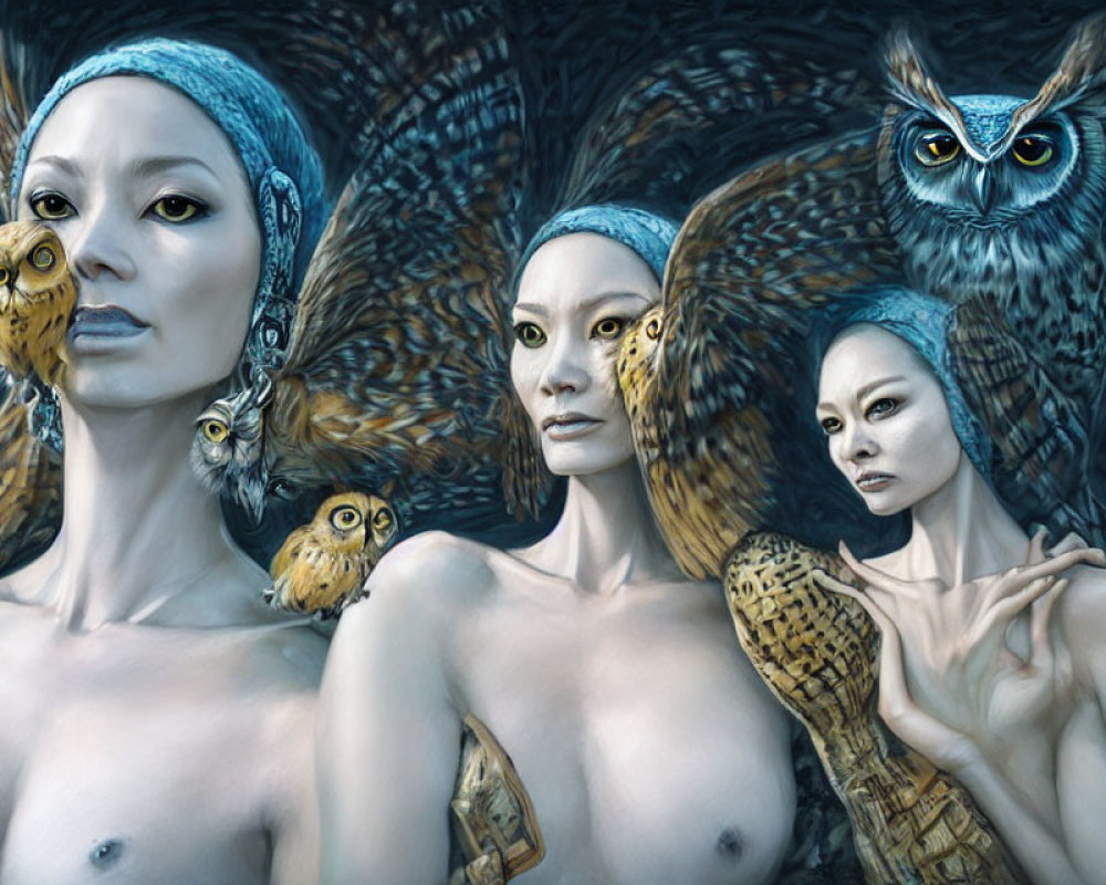 Surreal humanoid figures with owl features and perched owls on cool backdrop