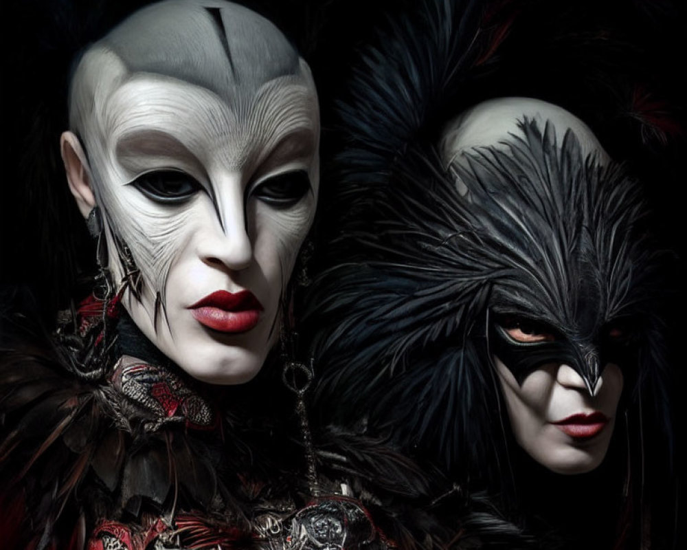 Individuals in Elaborate Bird-Like Costumes with Dramatic Makeup