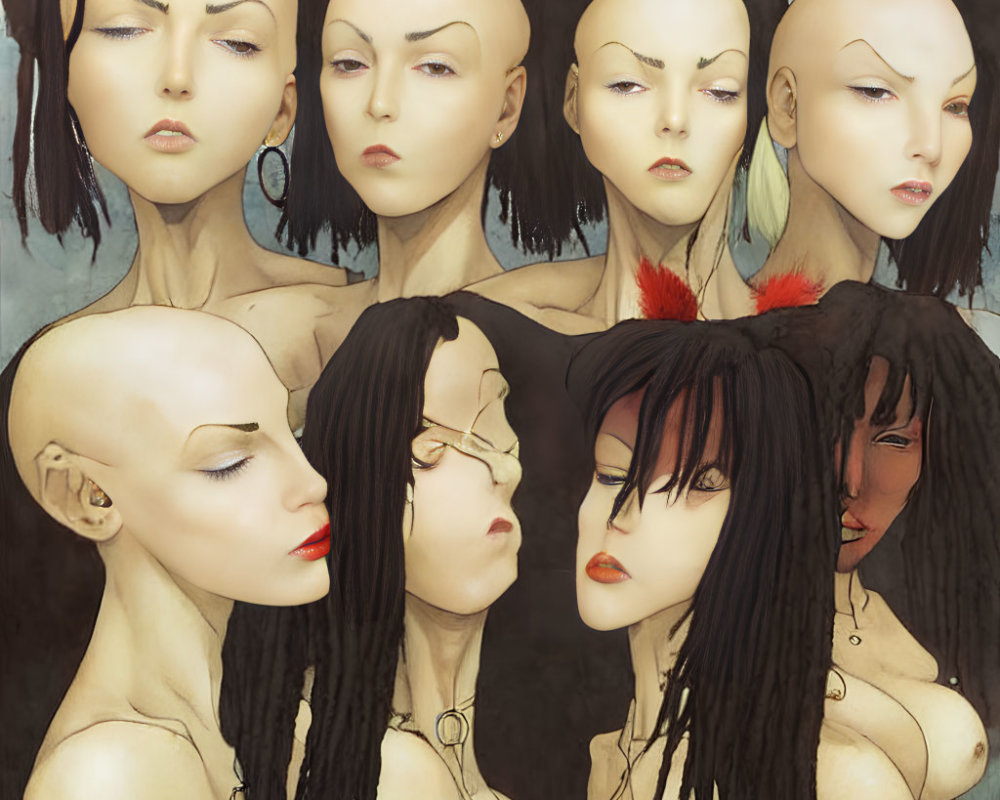 Eight bald female figures with diverse expressions, hairstyles, and accessories on textured background
