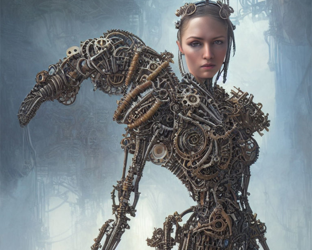 Steampunk cyborg digital artwork of woman with mechanical body