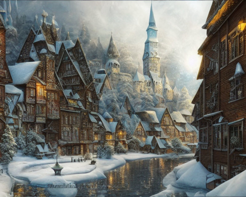 Snowy village with traditional houses and towering spire in warm glow