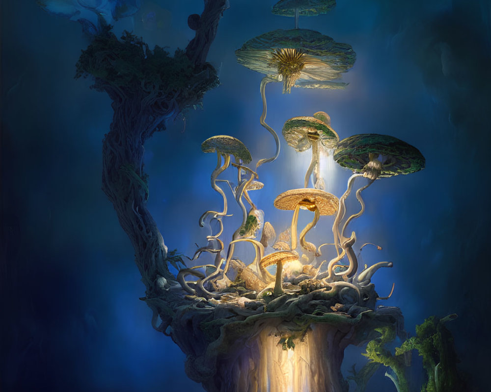 Fantastical landscape with towering mushroom-shaped structures in ethereal blue mist