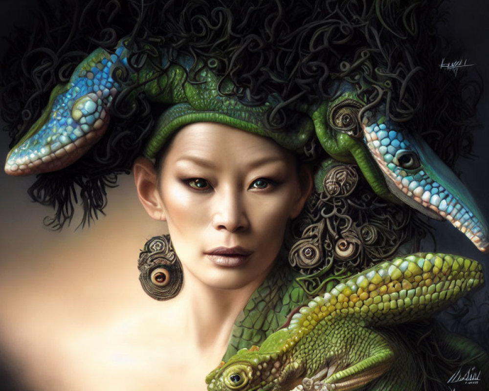 Colorful reptiles adorn woman's head in serene portrait