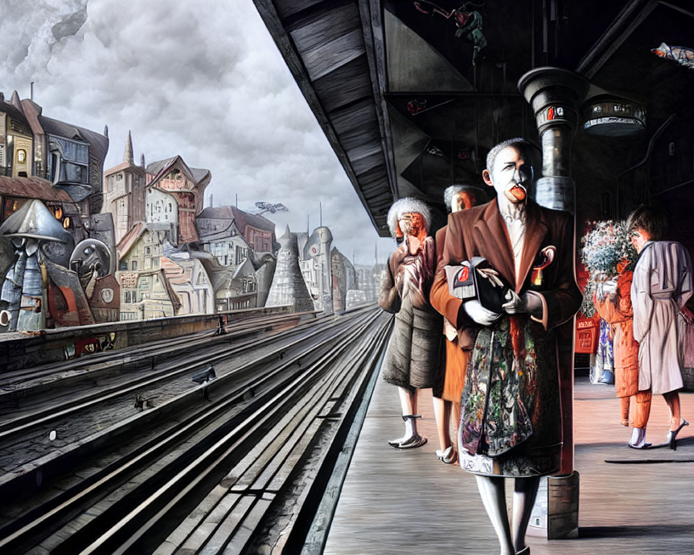 Surreal artwork: People with oversized animal heads at stylized train station