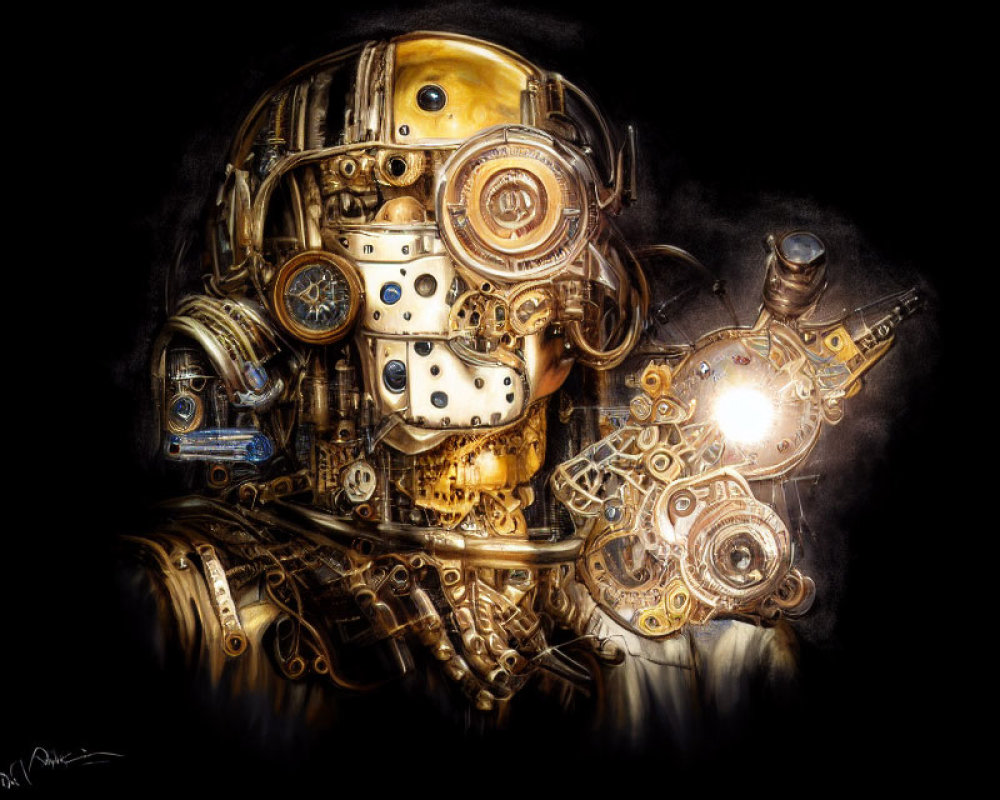 Detailed Steampunk-Style Humanoid Robot Drawing with Gears and Mechanical Parts