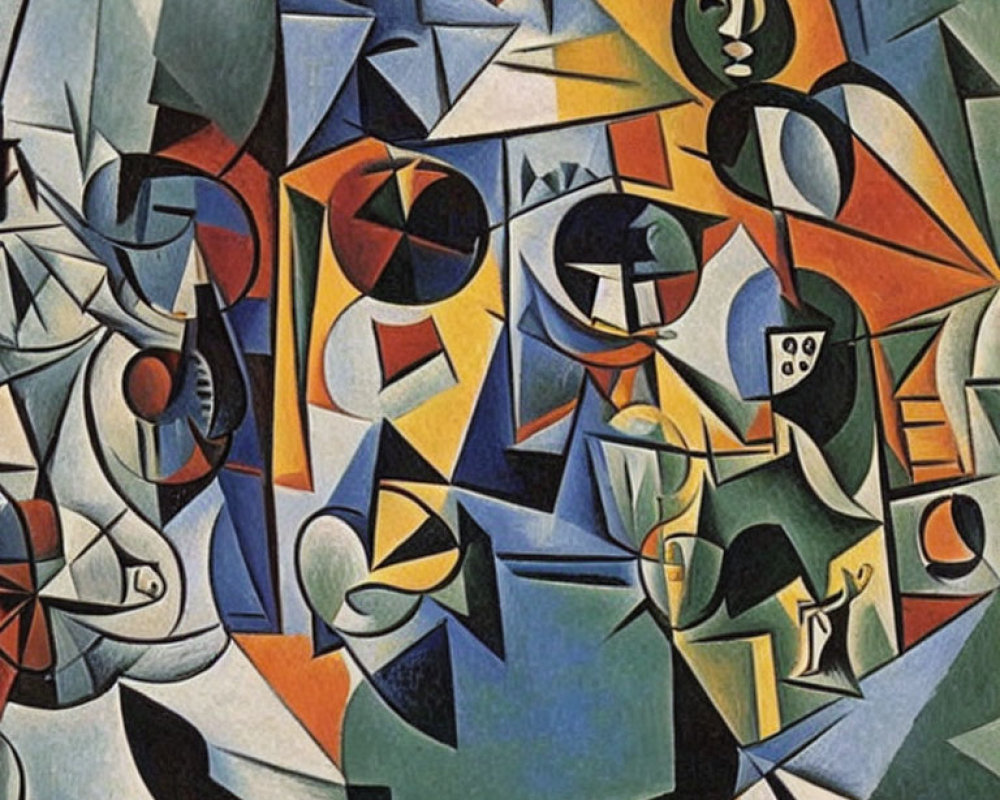 Vibrant Cubist painting with interlocking shapes in green, blue, orange, and black.