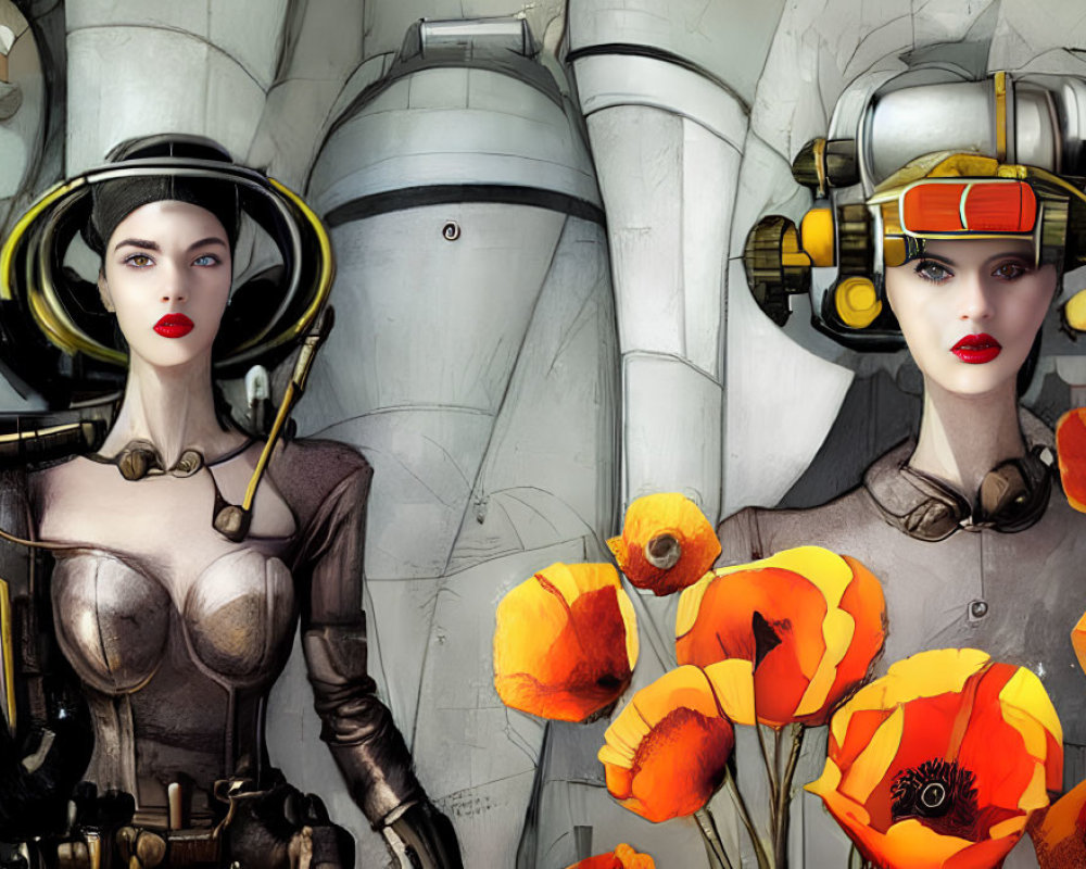 Stylized female figures with futuristic headgear among vibrant poppies.