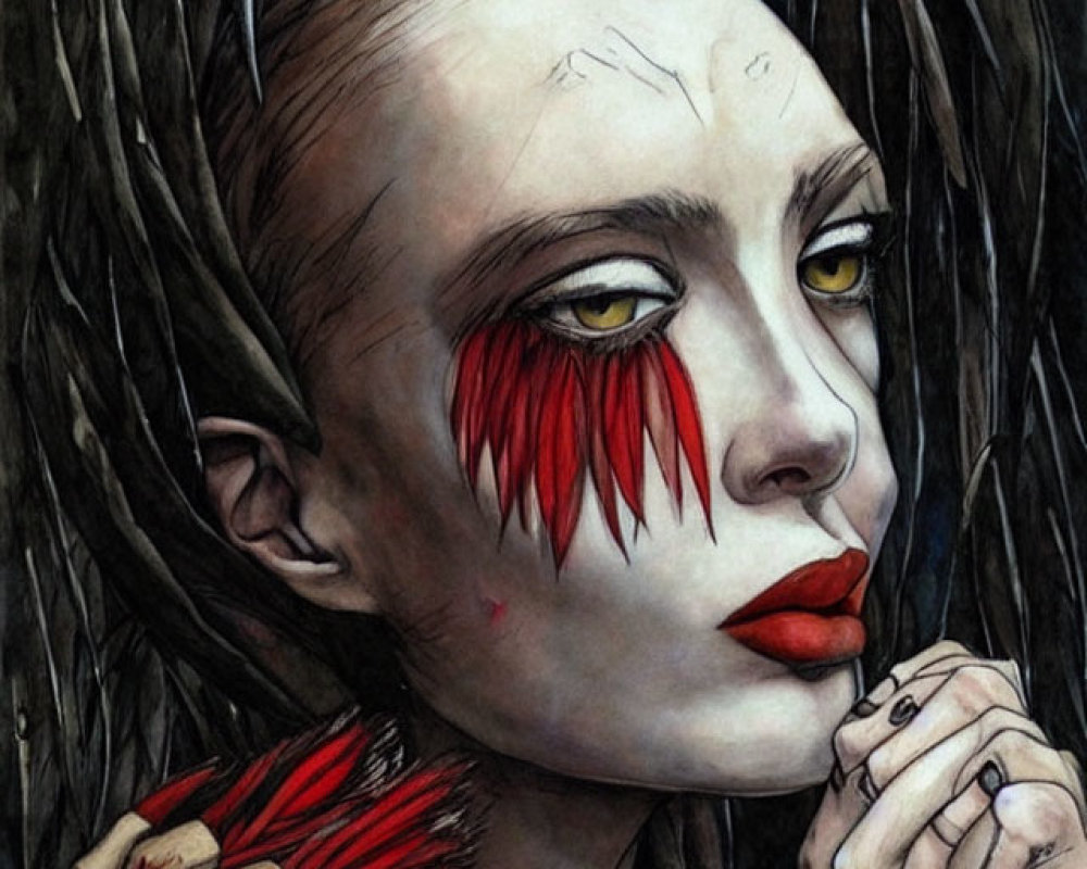 Portrait of a person with white face paint and red streaks, adorned with feathers, against a dark