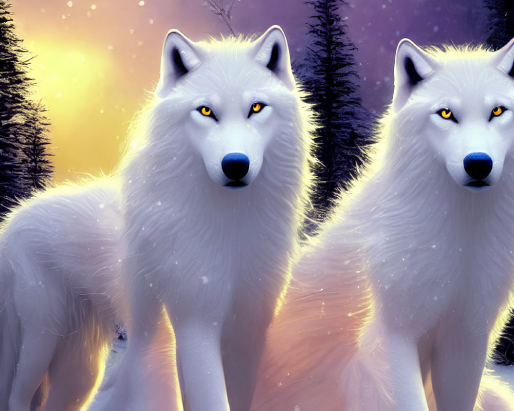 Majestic white wolves with yellow eyes in snow-covered forest