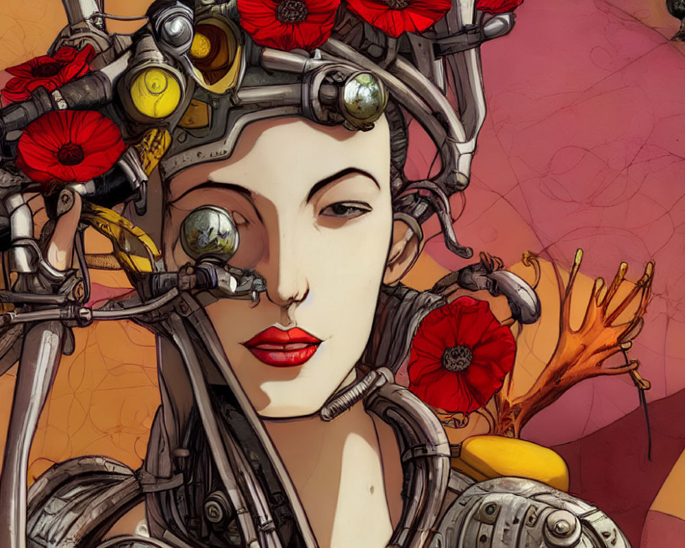 Female cyborg illustration with intricate mechanical headdress and red poppies, serene expression.