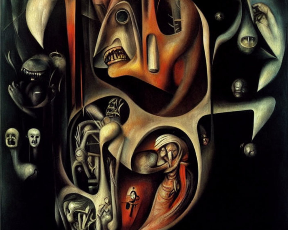 Surrealist Painting with Distorted Figures and Dark Tones