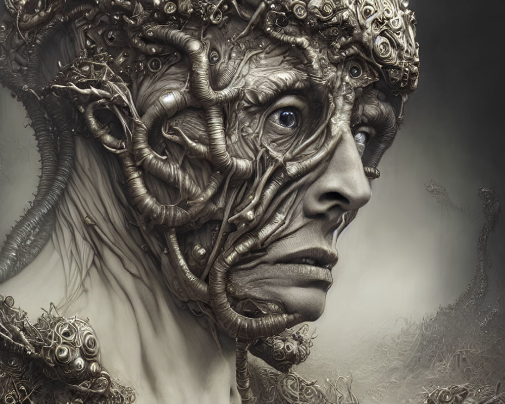 Intricate surreal portrait with complex metallic headpiece