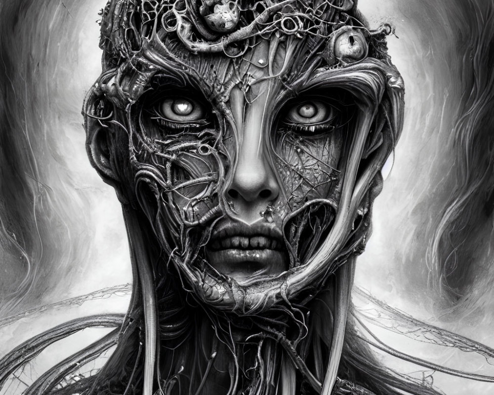Monochromatic surreal artwork: humanoid face with intricate root-like textures.