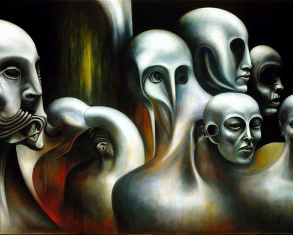 Distorted human-like figures in surreal painting with elongated heads and blank expressions
