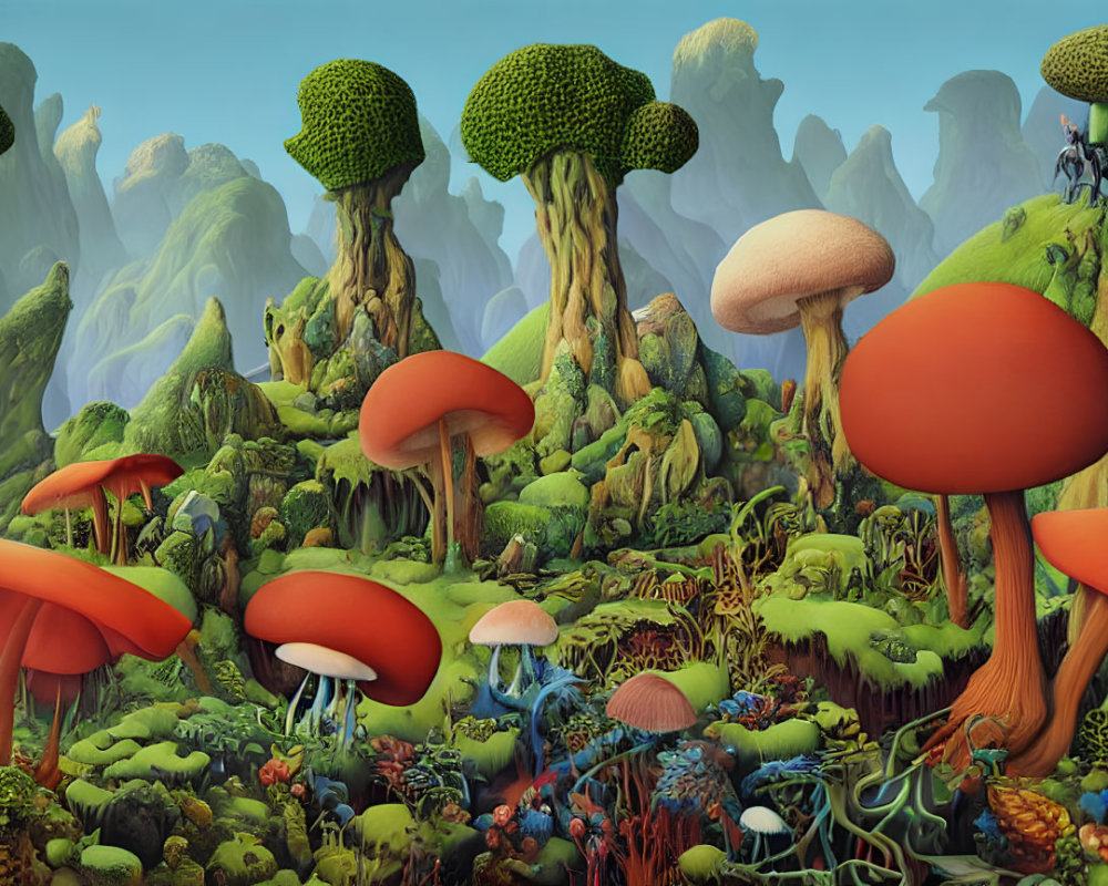 Vibrant fantasy landscape with oversized mushrooms and tiny explorers