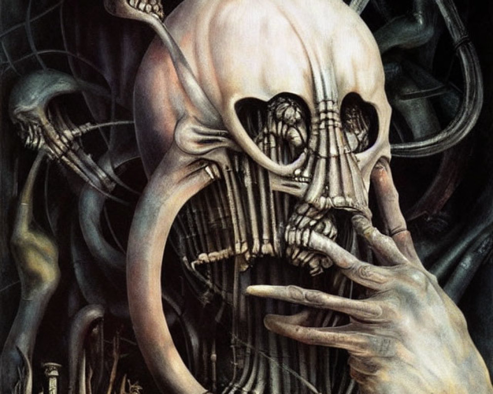 Detailed surreal skull art with biomechanical elements and abstract shapes.