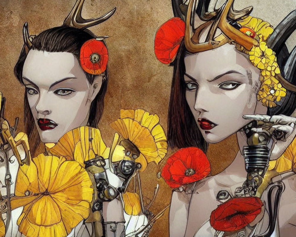 Illustrated female figures with mechanical arms and horns in sepia-toned style