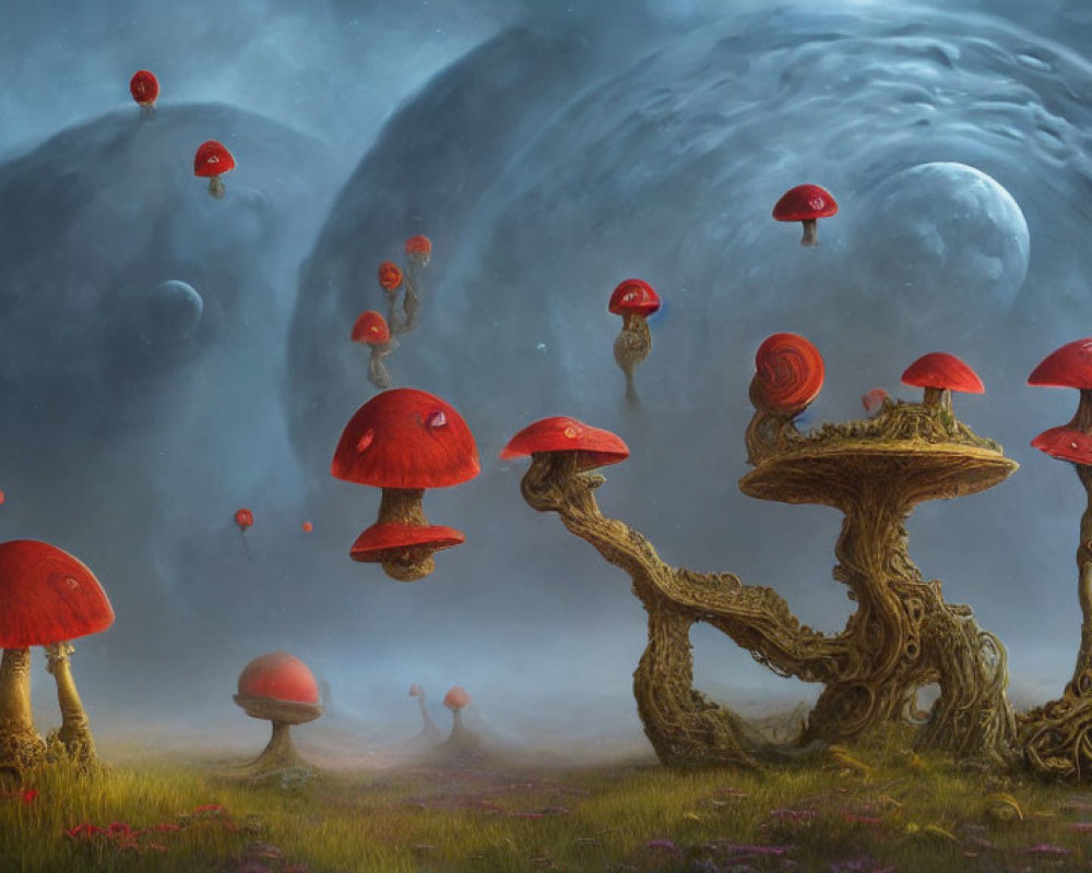 Fantastical landscape with oversized red mushrooms and giant moons