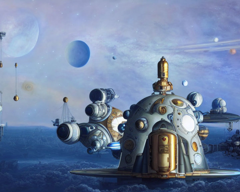 Futuristic space observatory on alien landscape with domes and moons