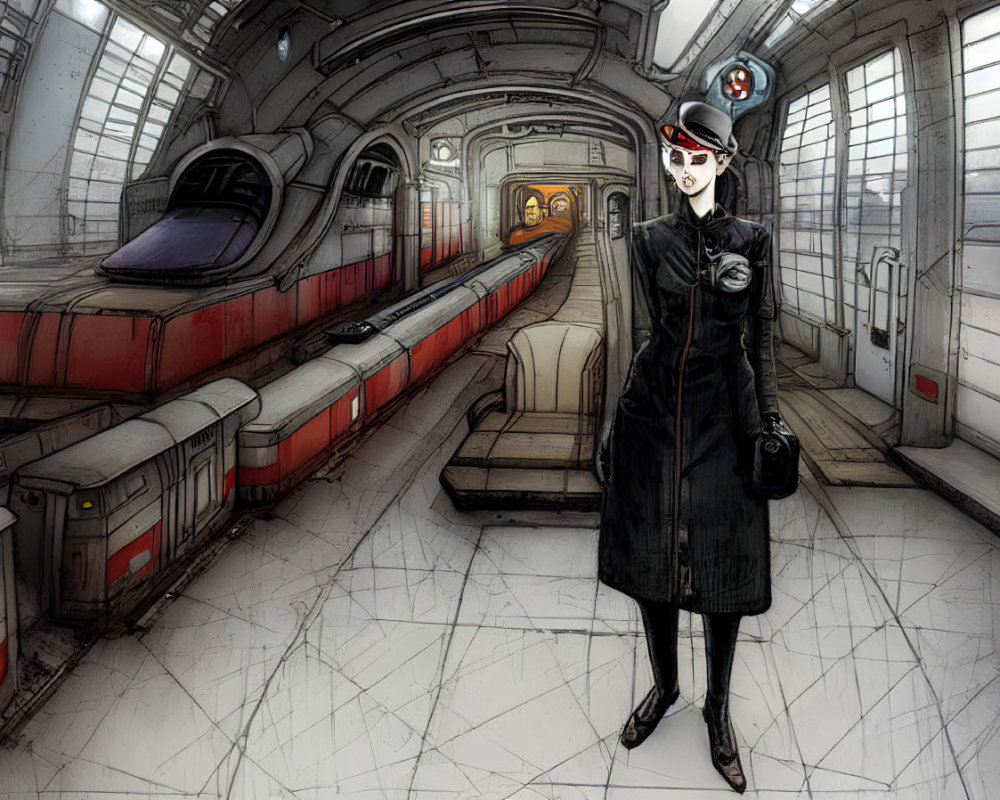 Stylized illustration of a woman in retro uniform in futuristic train carriage