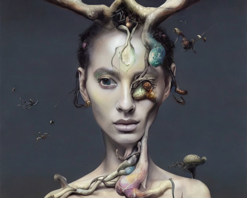 Surreal portrait featuring person with antlers, third eye, and nature elements