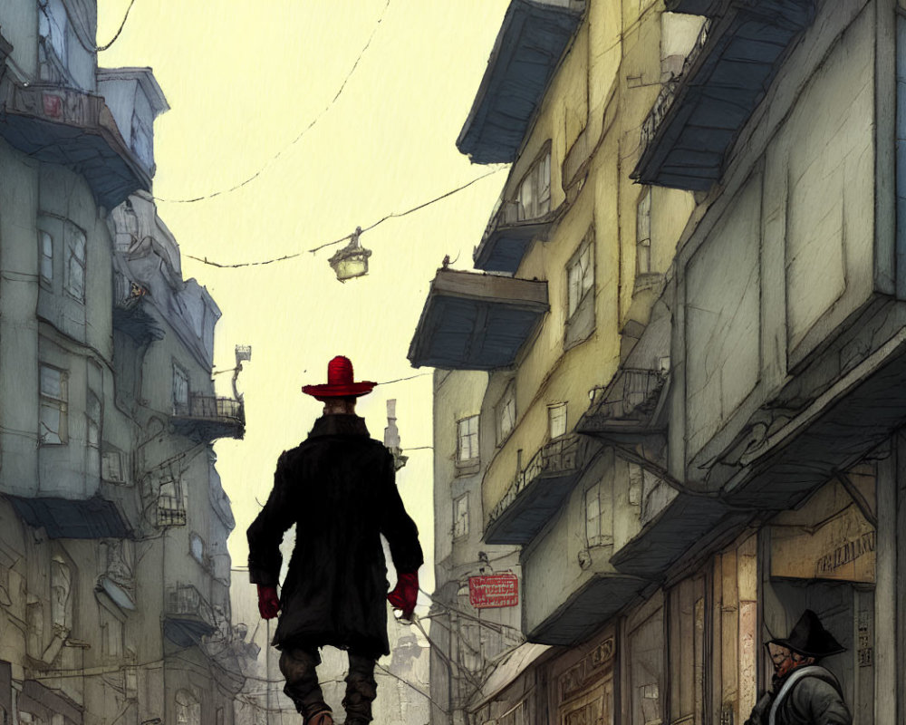 Person in red hat and coat in busy city alley with high buildings and hanging lanterns