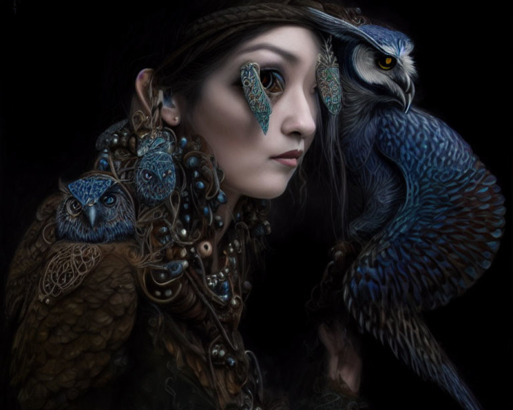 Enigmatic woman with stylized owls on shoulder and near face on dark background