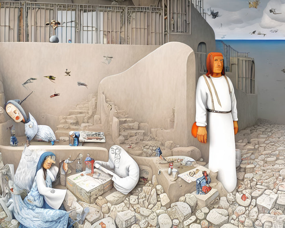 Surreal art featuring monastic figure, tiny papers, birds, cage, serene skies, and