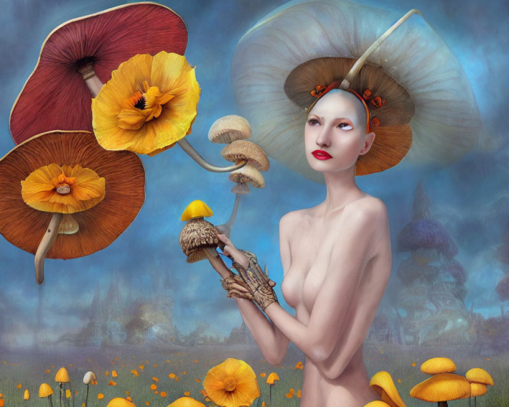 Surreal image: woman with mushroom hat and staff in fantastical landscape