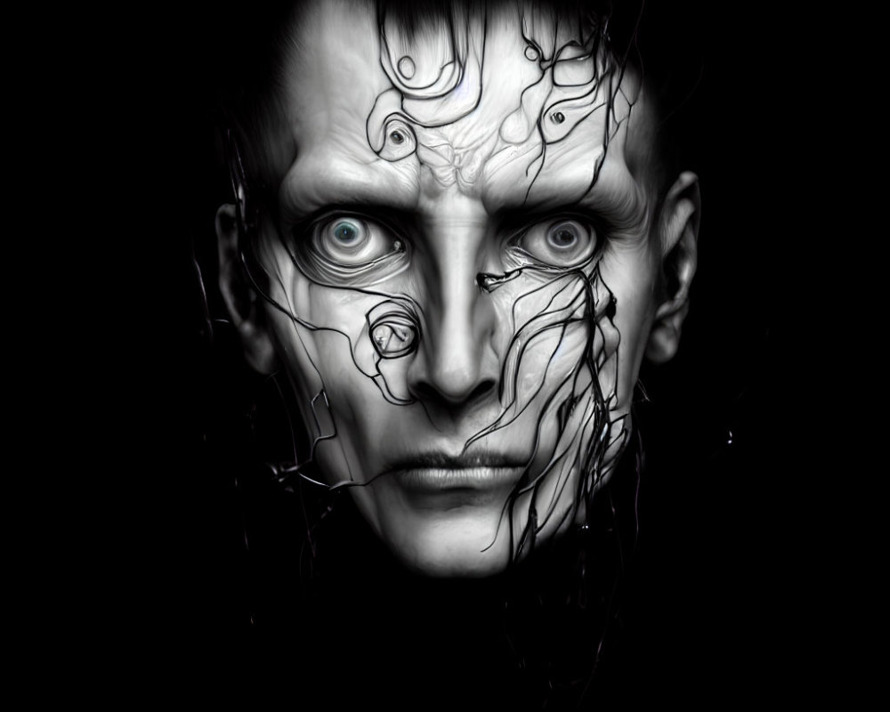 Monochrome portrait with intense eyes and intricate dark lines