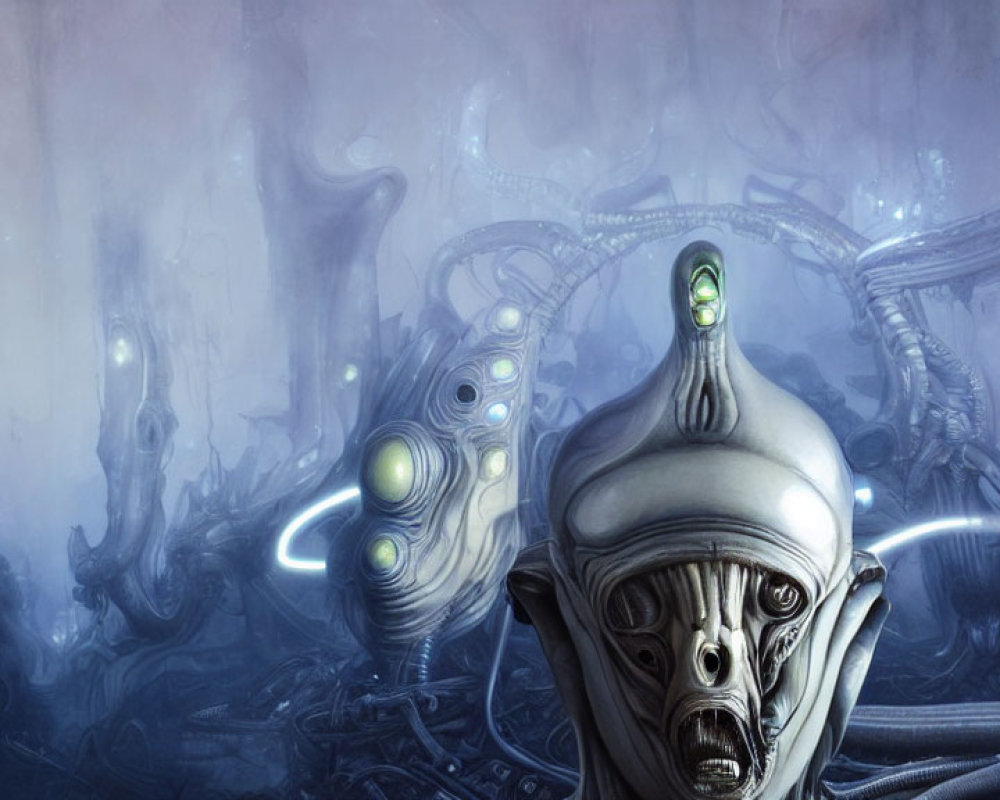 Sci-fi alien with large eyes in misty, mechanical setting surrounded by others