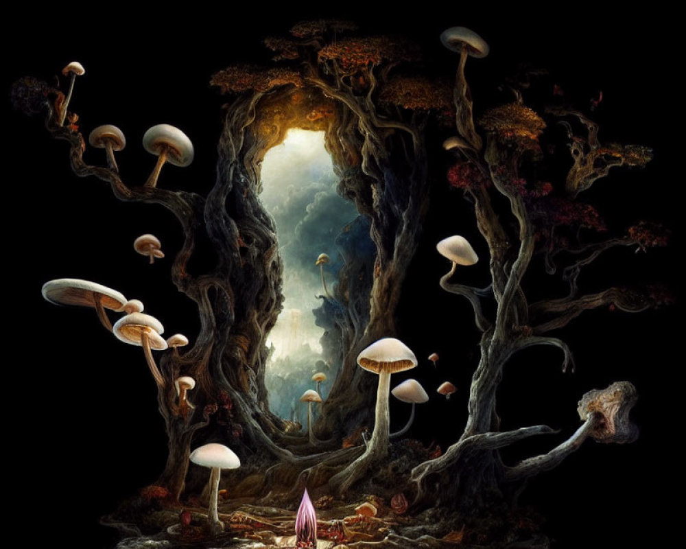 Mystical forest with oversized mushrooms and twisted trees