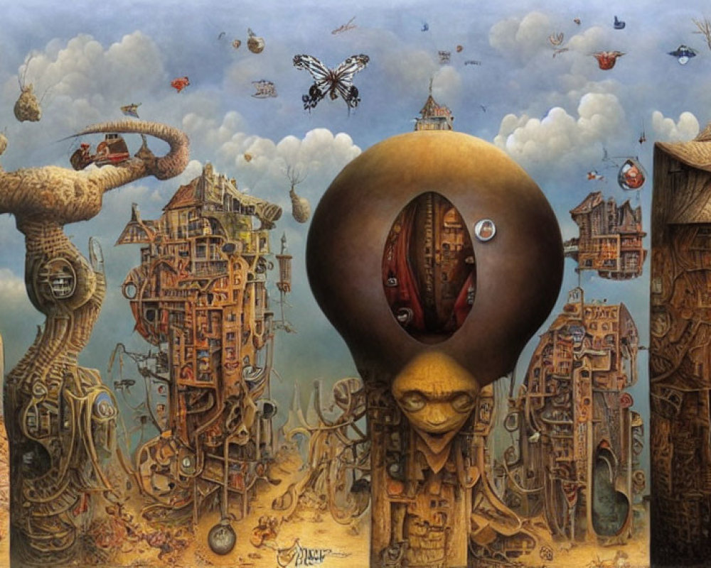 Surreal landscape with mechanical structures and flying machines