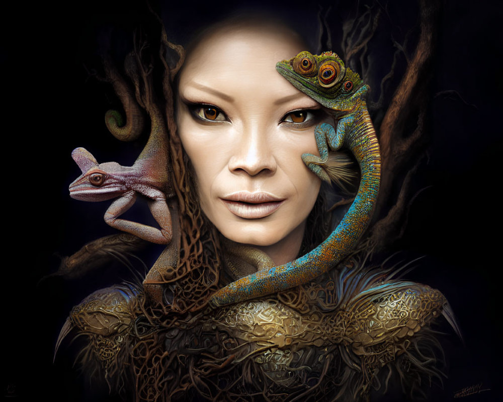 Digital Artwork: Woman with Chameleons in Intricate Tree Design