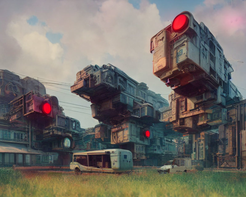 Dystopian scene: Stacked houses on giant legs, overgrown field with bus and car