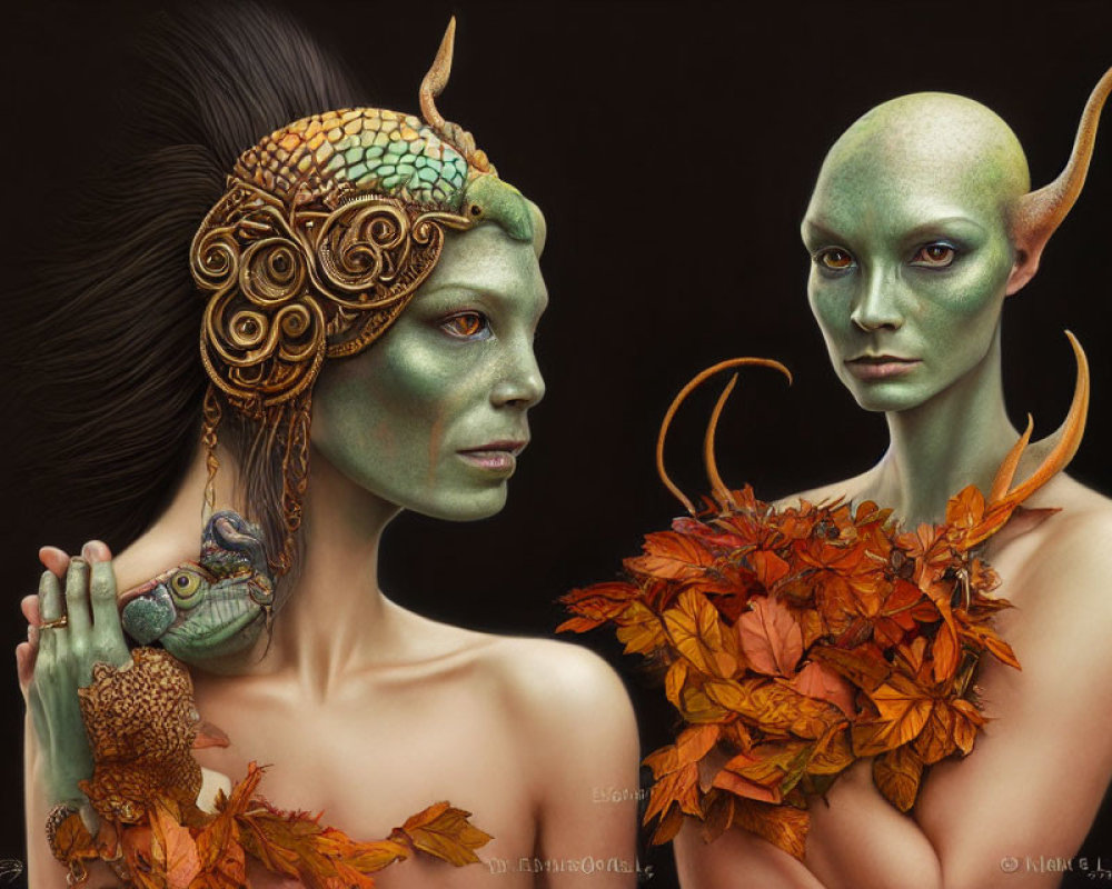 Green-skinned humanoid figures with distinct headgear and leafy adornments.