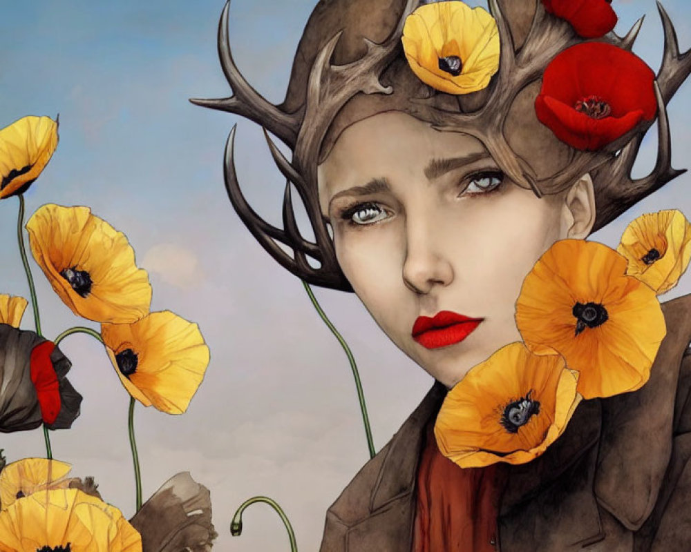 Illustration of woman with antler-like branches and poppies under cloudy sky