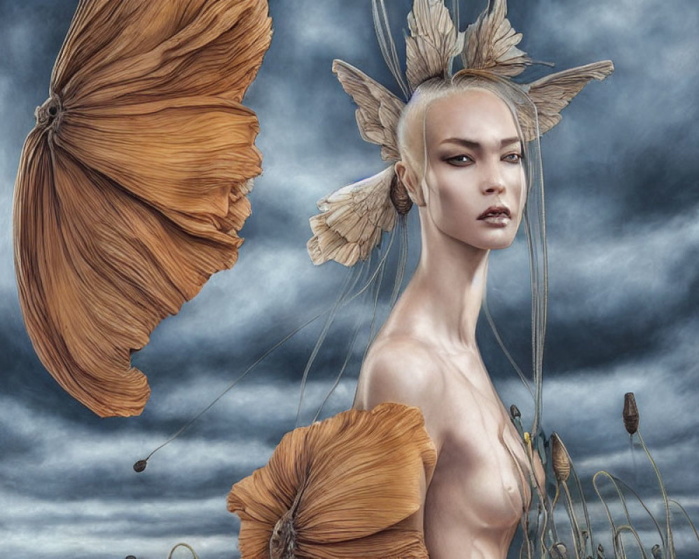 Fantasy digital artwork of female figure with butterfly wings in surreal landscape